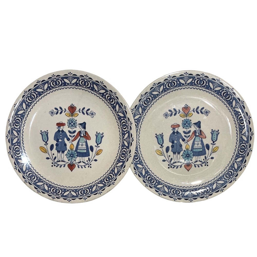 Johnson Bros Hearts & Flowers Dinner Plates Set of 2 Blue Folk Art Ironstone 10"
